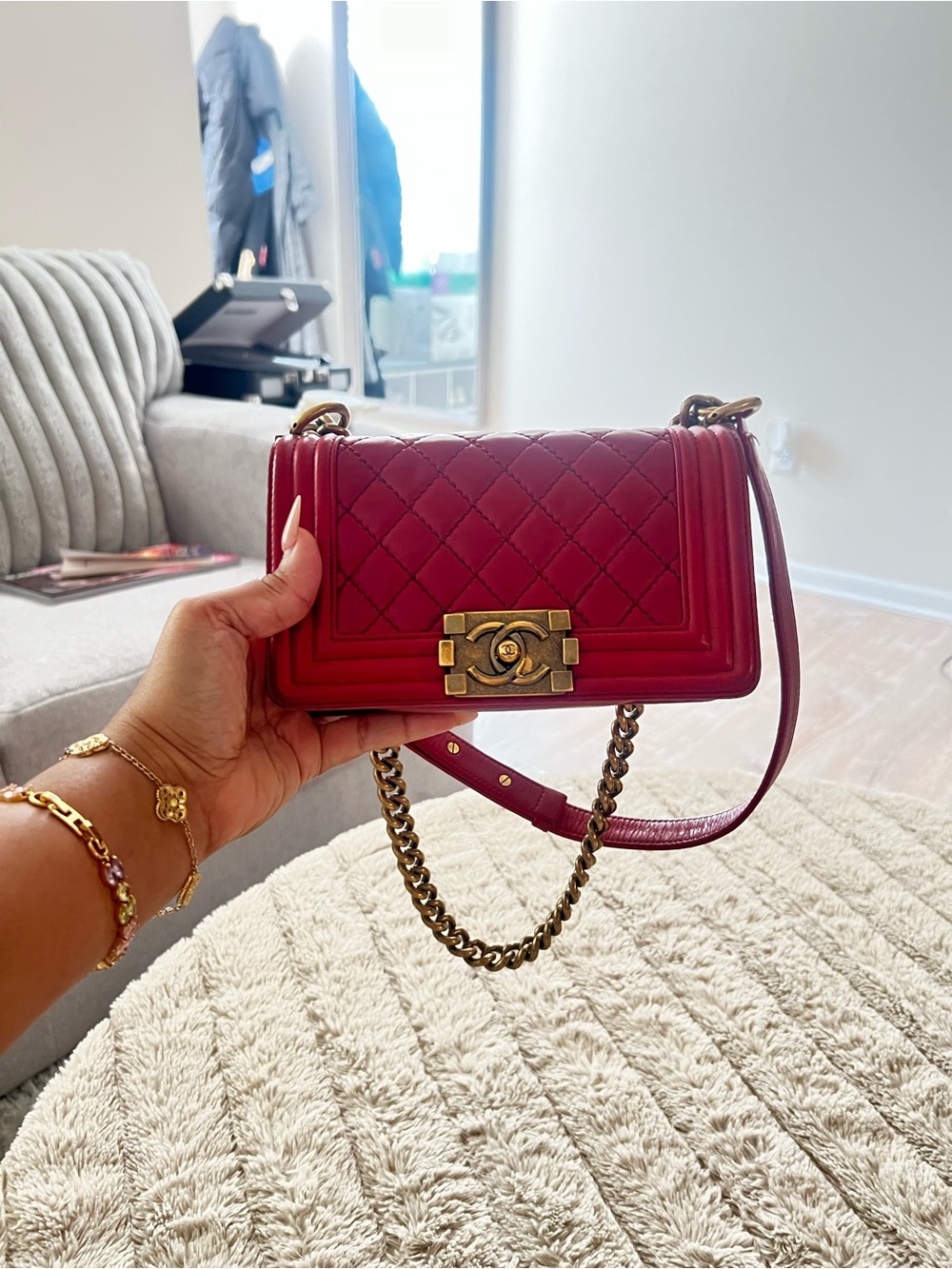 CHANEL Red Quilted Boy Style Crossbody with Gold Hardware